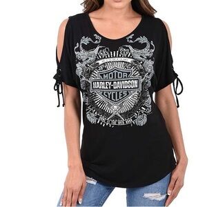 Harley Davidson Embellished Cold Open Shoulder Shirt Top